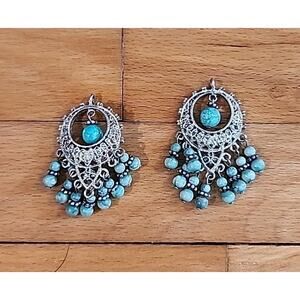RJ Graziano Beaded Turquois Silver Tone Earrings Vtg Southwestern Missing Hooks